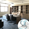 A modern office setting showing a wooden desk with ergonomic chairs and shelving units for thermal label holders.