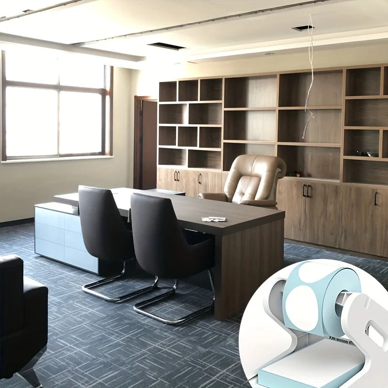 A modern office setting showing a wooden desk with ergonomic chairs and shelving units for thermal label holders.