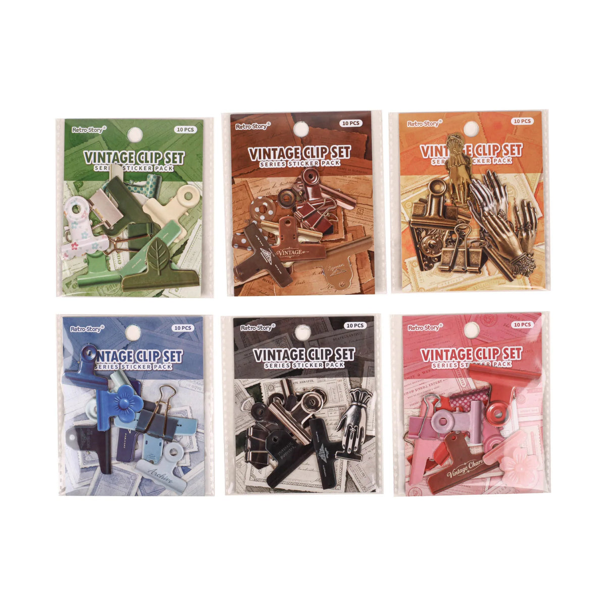 A set of vintage clip themed stickers for journaling and scrapbooking, packaged in individual packs.