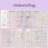 A collection of 16 sheets of adhesive and double adhesive stickers featuring cute cartoon designs for scrapbooking and journa