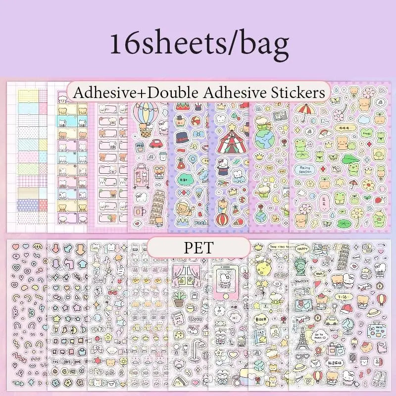 A collection of 16 sheets of adhesive and double adhesive stickers featuring cute cartoon designs for scrapbooking and journa