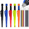 A set of heavy-duty mechanical carpenter pencils in black, blue, red, lime green, and orange with built-in sharpeners.