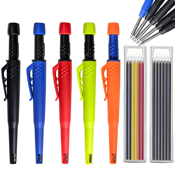 A set of heavy-duty mechanical carpenter pencils in black, blue, red, lime green, and orange with built-in sharpeners.