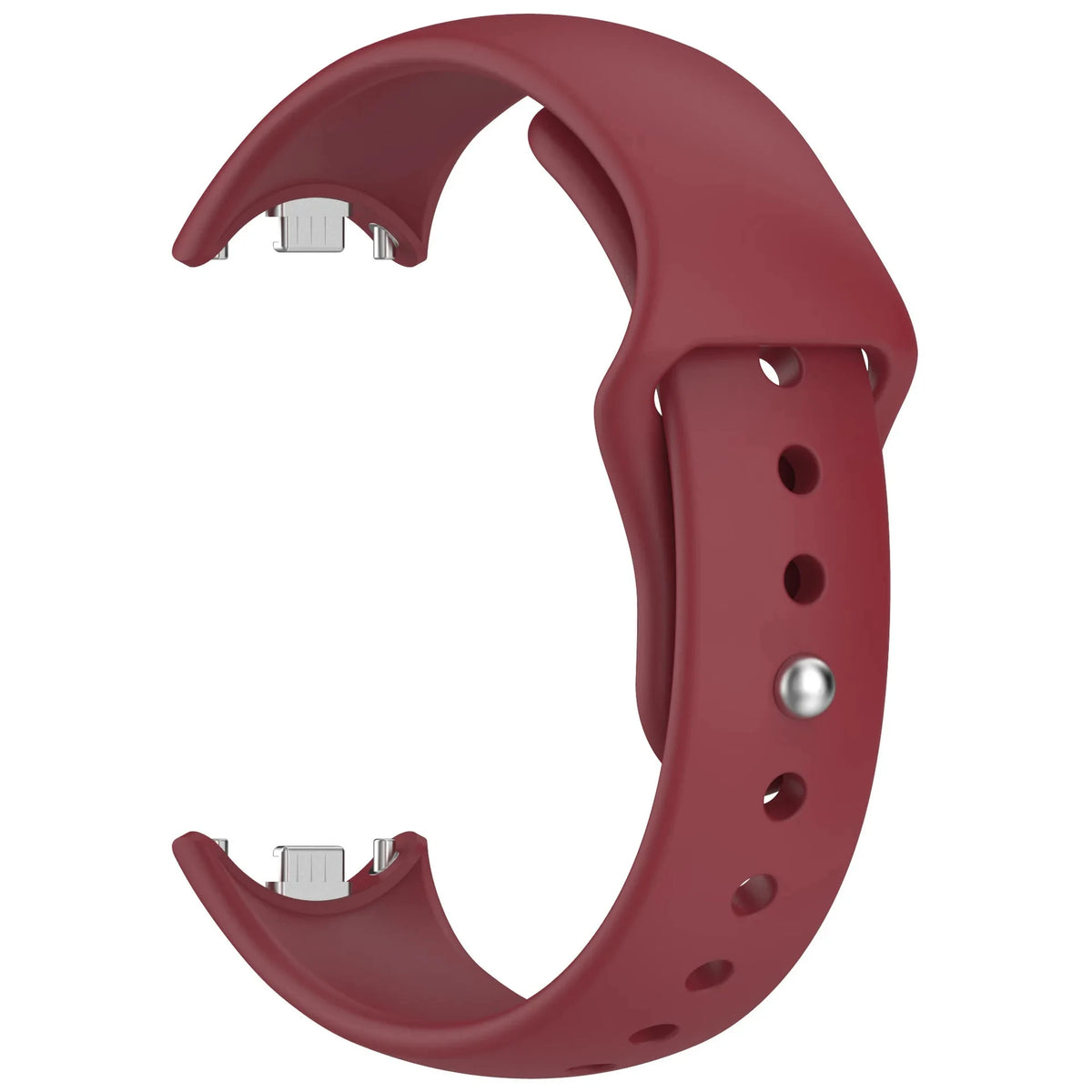 A close-up view of a red silicone replacement strap for a Mi Band watch, showing the buckle and strap design.