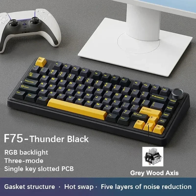 F75 Thunder Black mechanical keyboard with RGB backlight and grey wood axis