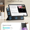 A black magnetic folio case is shown snapping onto an iPad tablet.