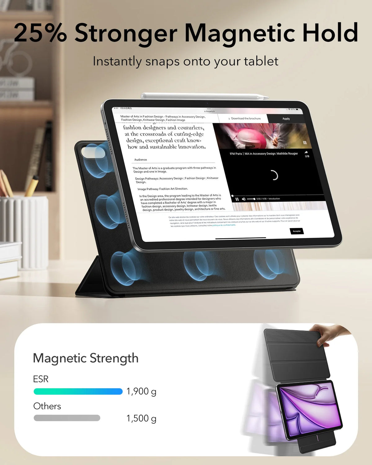 A black magnetic folio case is shown snapping onto an iPad tablet.