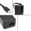 A black universal 65W USB-C laptop charger shown in three views: the plug, the power brick, and the device.