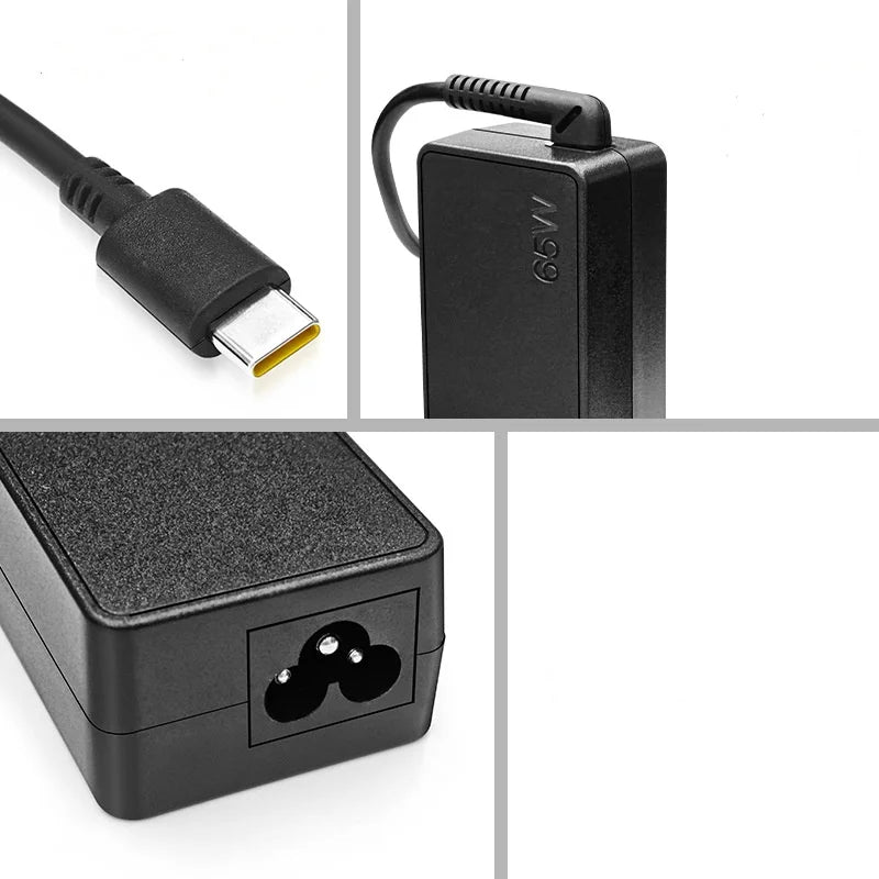 A black universal 65W USB-C laptop charger shown in three views: the plug, the power brick, and the device.