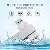 A silver USB flash drive is shown being protected by multiple features like waterproof and X-ray proof against water splash.