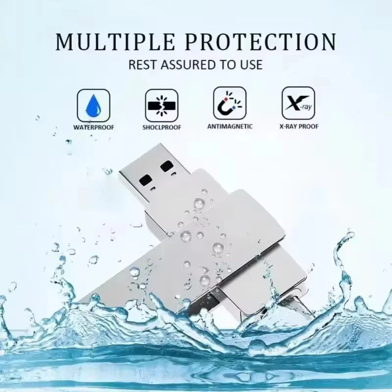 A silver USB flash drive is shown being protected by multiple features like waterproof and X-ray proof against water splash.