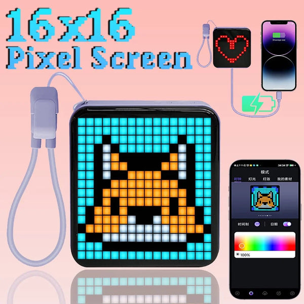A 16x16 pixel screen display is shown connected to a power source and a smartphone, demonstrating its functionality.