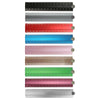 A vertical display of various colored aluminum folding rulers with millimeter markings.
