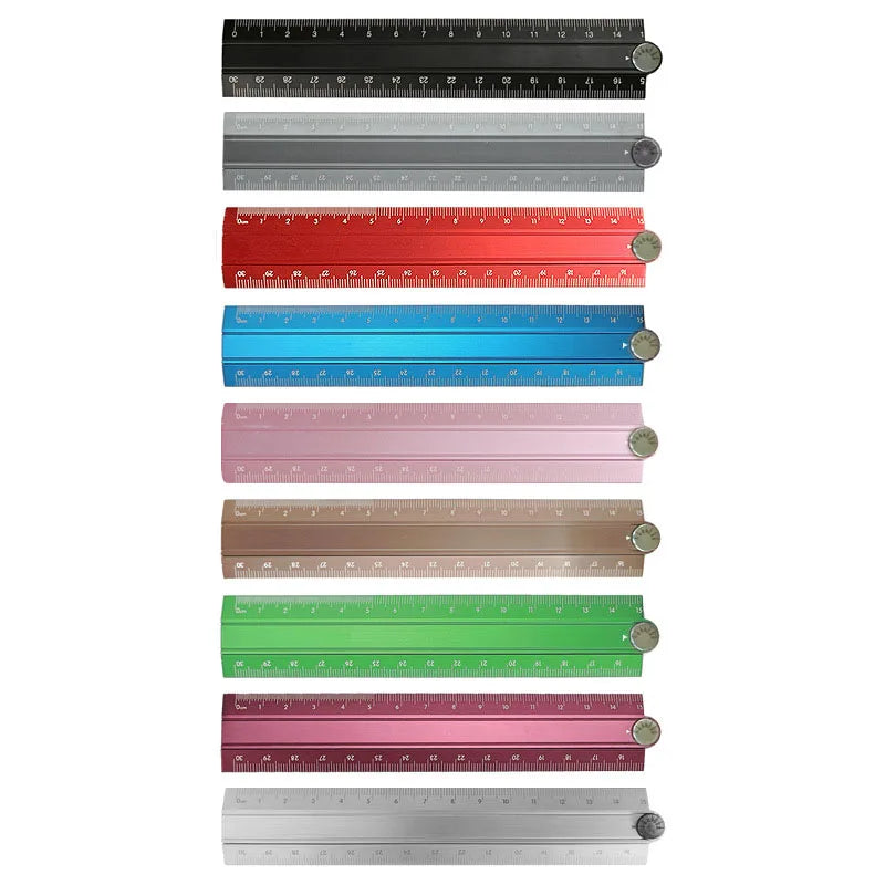 A vertical display of various colored aluminum folding rulers with millimeter markings.