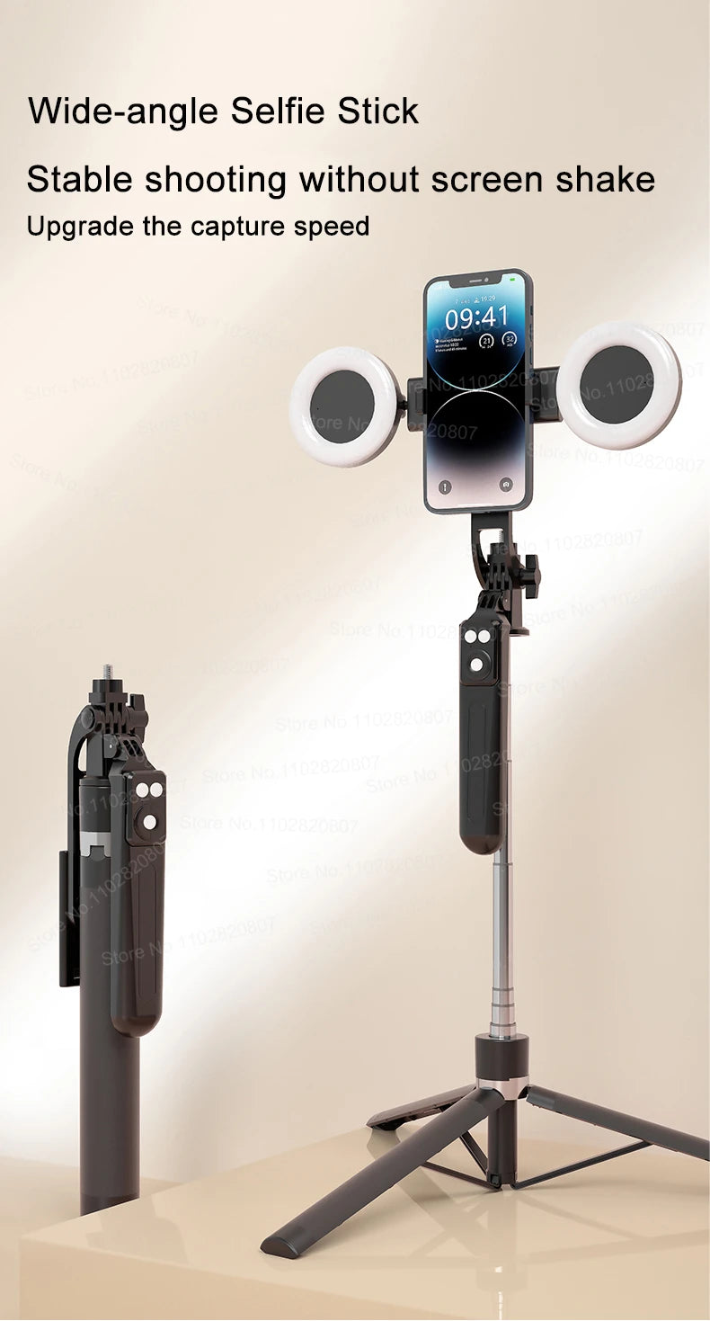 A wide-angle selfie stick tripod with a smartphone mounted, featuring two round lights for stable shooting.