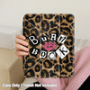 A leopard print protective case for an iPad showing the word Book in white and pink letters.