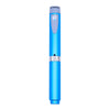 A blue reusable injection pen with an adjustable cartridge and silver accents.