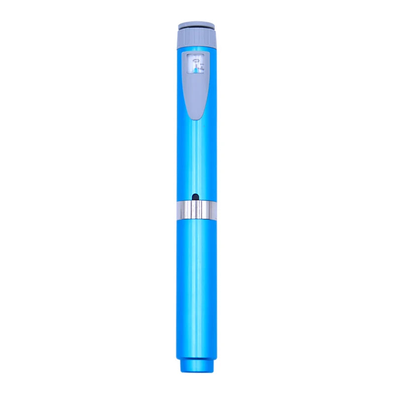A blue reusable injection pen with an adjustable cartridge and silver accents.