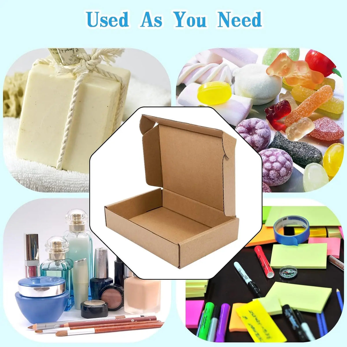 A set of ten eco-friendly kraft gift boxes is shown alongside various cosmetic products and skincare items.