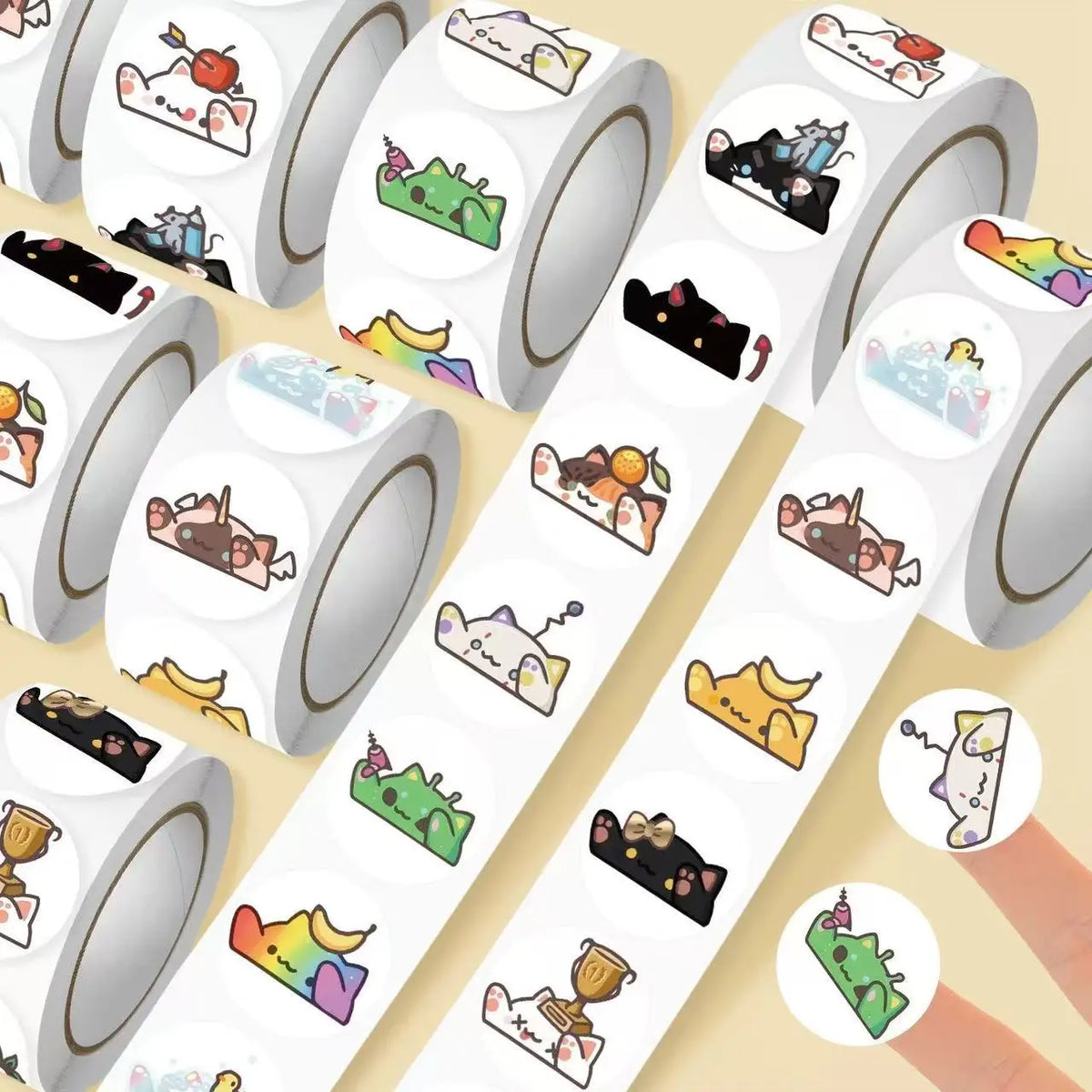 Rolls of cute Bongo Cat animal sealing stickers for DIY decoration in various colors and designs