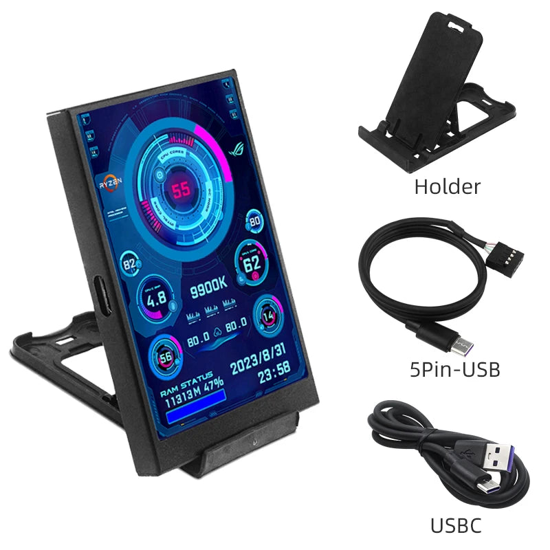 A 3.5-inch USB-C mini secondary monitor displaying PC performance statistics, along with a holder and cables.