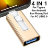 Adaptador dorado 4 en 1 con conectores USB Type-C, Android, Teléfono/Tableta y PC USB3.0.