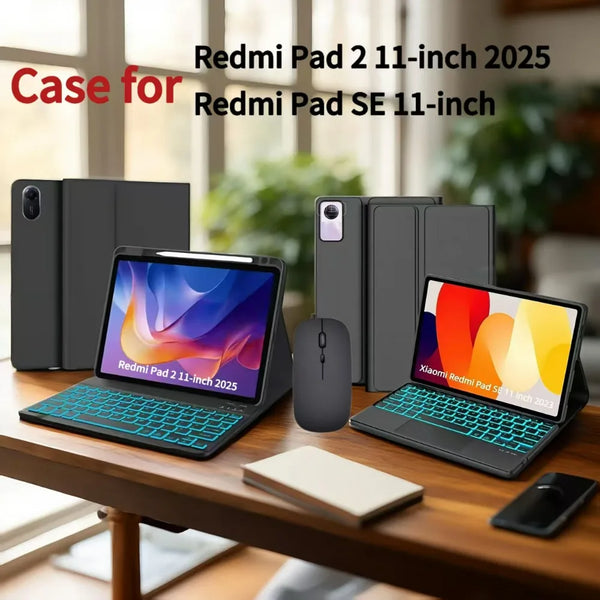 A case for a Redmi Pad 2 or Redmi Pad SE showing various versions of the tablet and keyboard accessories.