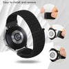 A black digital watch with a nylon loop strap is shown alongside close-ups demonstrating its easy installation and removal.
