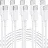 Un ensemble de câbles de charge USB-C vers USB-C blancs enroulés.