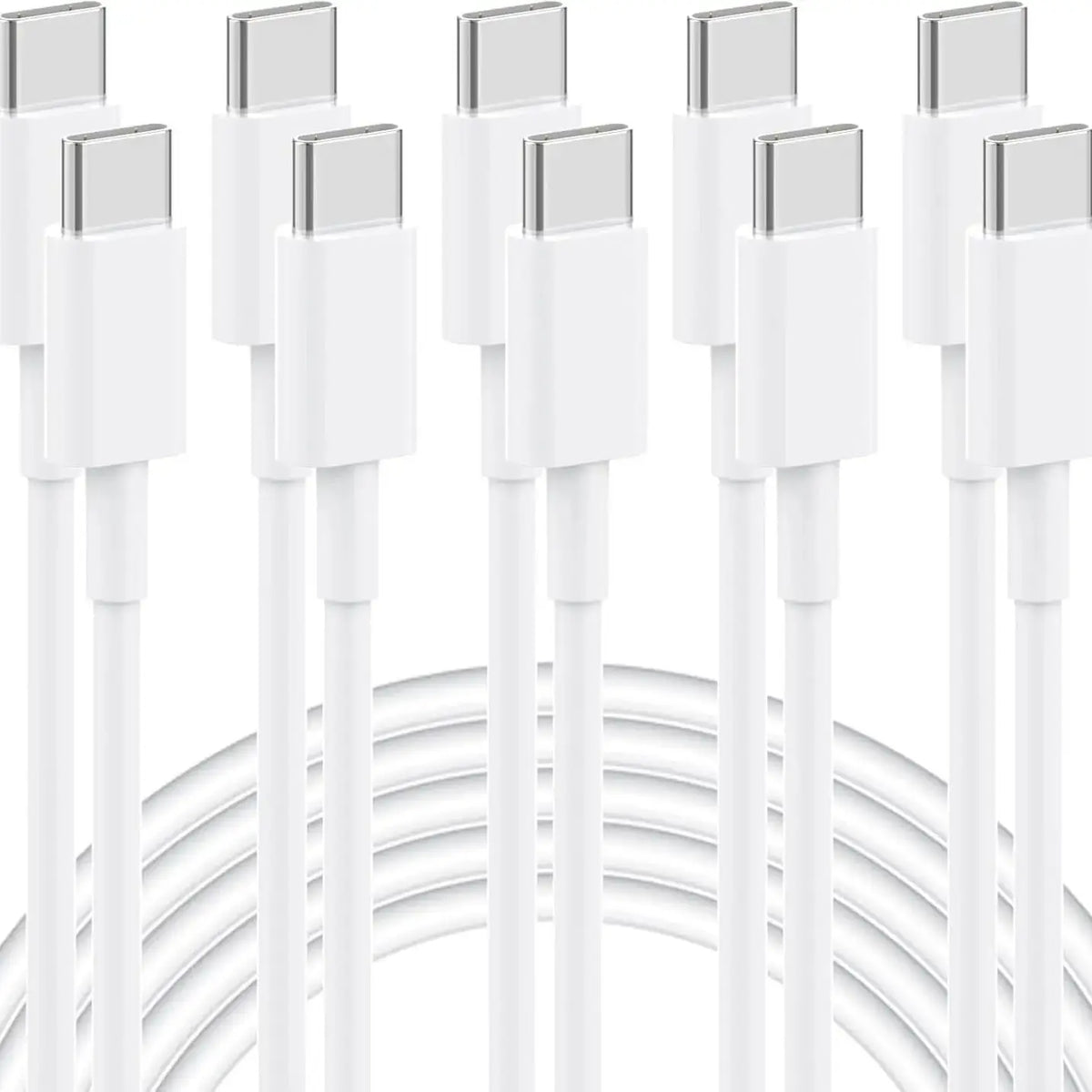Un ensemble de câbles de charge USB-C vers USB-C blancs enroulés.