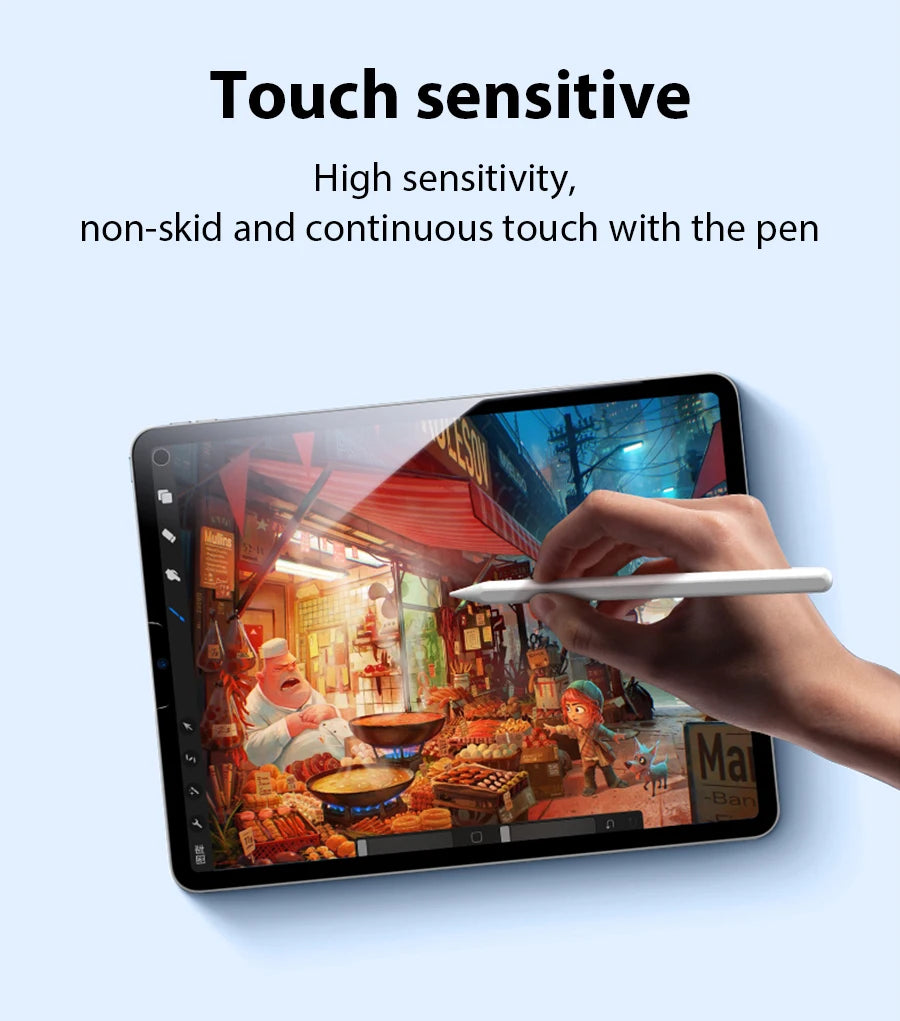 Eine Hand berührt einen Stift auf einem iPad-Bildschirm, die hohe Empfindlichkeit und kontinuierliche Berührung demonstriert.
