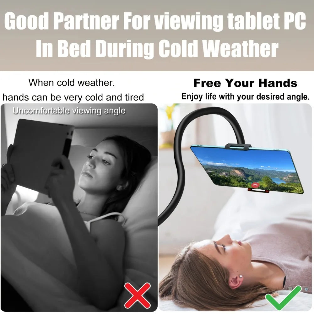 A woman is using a 360° rotating tablet and phone stand to view content while lying in bed during cold weather.