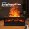 A black fireplace diffuser emitting realistic flame effects on a wooden surface.