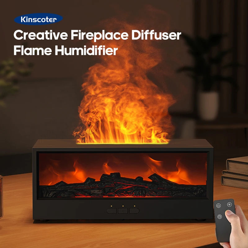 A black fireplace diffuser emitting realistic flame effects on a wooden surface.