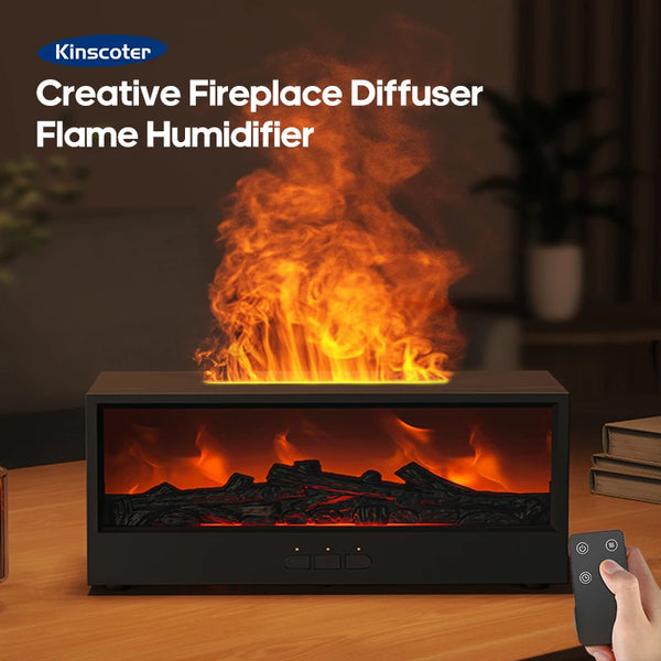 A black fireplace diffuser emitting realistic flame effects on a wooden surface.