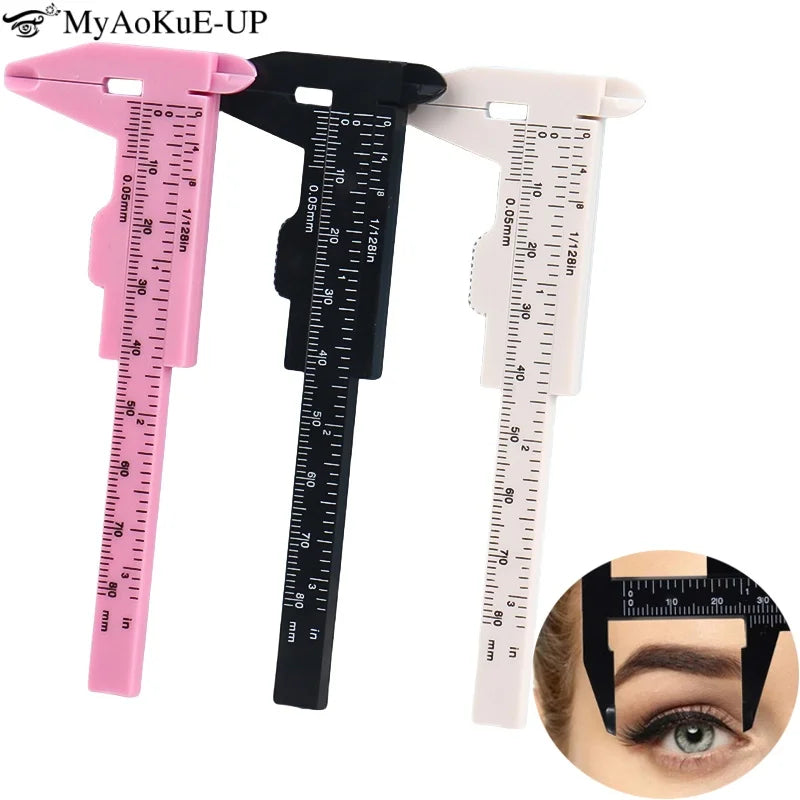 Three precision eyebrow measuring calipers in pink and black show different measurements for permanent makeup