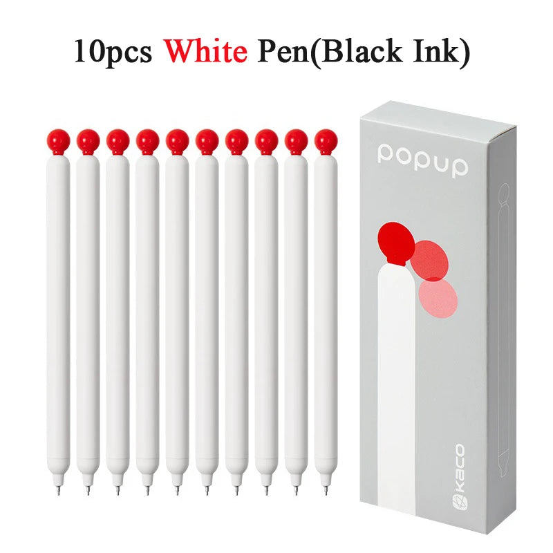 A box of 10 white pens with black ink and a smooth gel pen featuring a quick-drying tip.