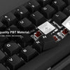 Close-up view of black PBT keycaps on a mechanical keyboard showing the texture and profile.