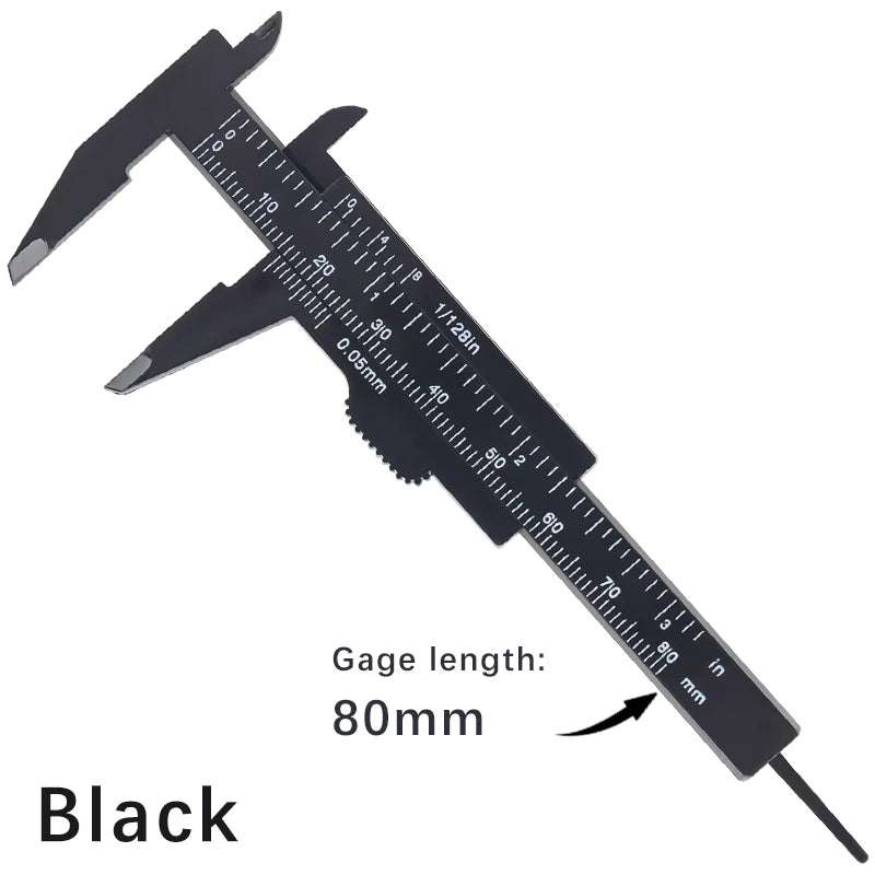 A black precision eyebrow measuring caliper with a 80mm gauge length and a needle tip.
