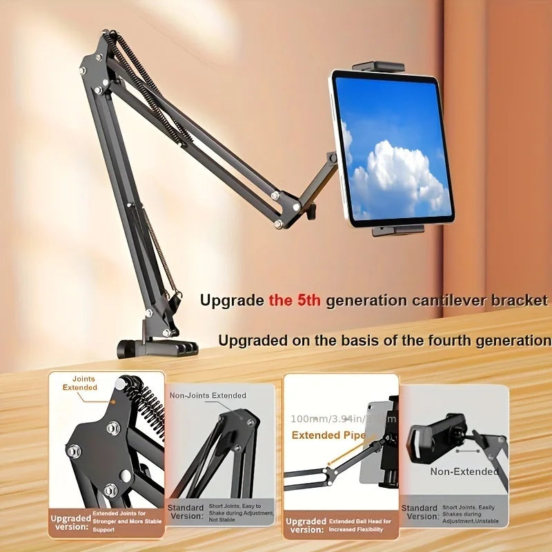 A black cantilever bracket is shown holding a tablet, demonstrating an upgrade from the fourth generation version.
