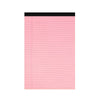 A pink lined writing pad with a black cover.