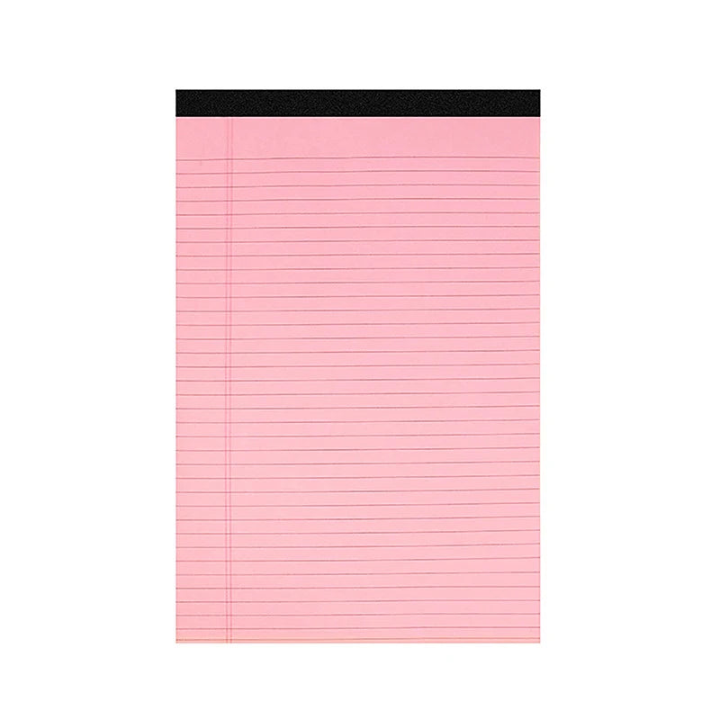 A pink lined writing pad with a black cover.