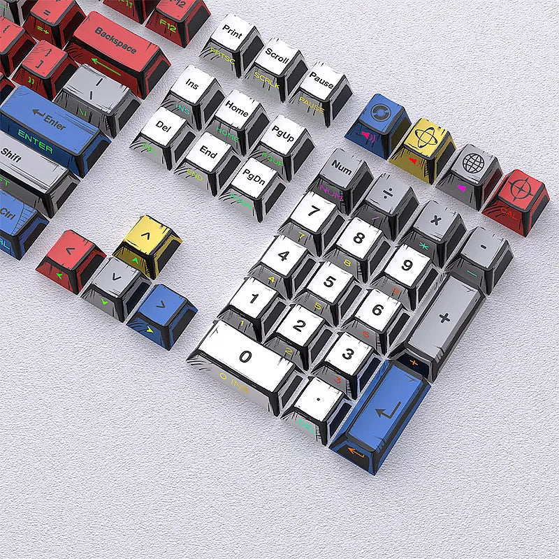 A set of translucent PBT keycaps with side-printed legends in a cherry profile layout