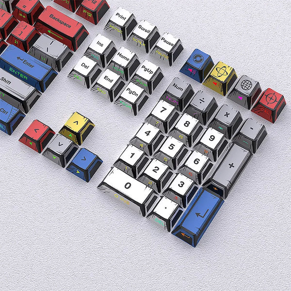 A set of translucent PBT keycaps with side-printed legends in a cherry profile layout