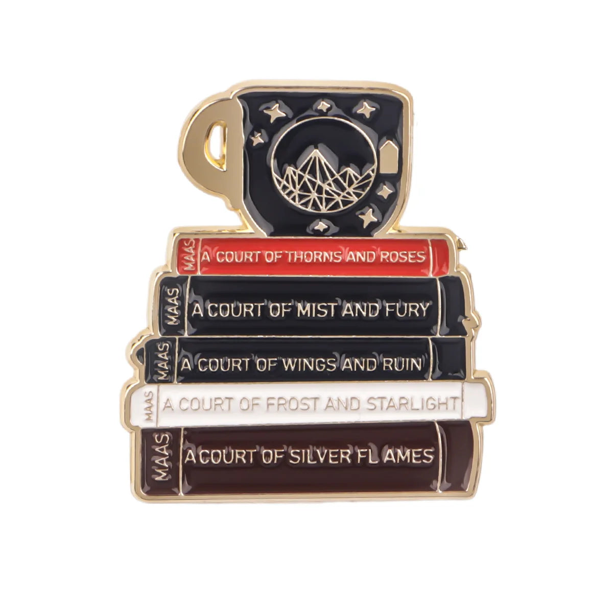 A lapel pin featuring five enamel designs representing courts of thorns, mist and fury, wings and ruin, frost and starlight, 