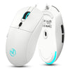 A white wired gaming mouse is shown from the top and side view.