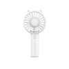 White mini handheld fan with a circular grille and a long body for USB recharging
