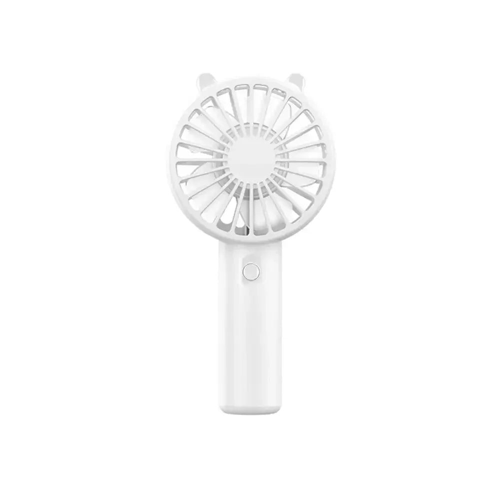 White mini handheld fan with a circular grille and a long body for USB recharging