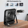 A black portable USB rechargeable fan is shown with various charging options and a power cord.