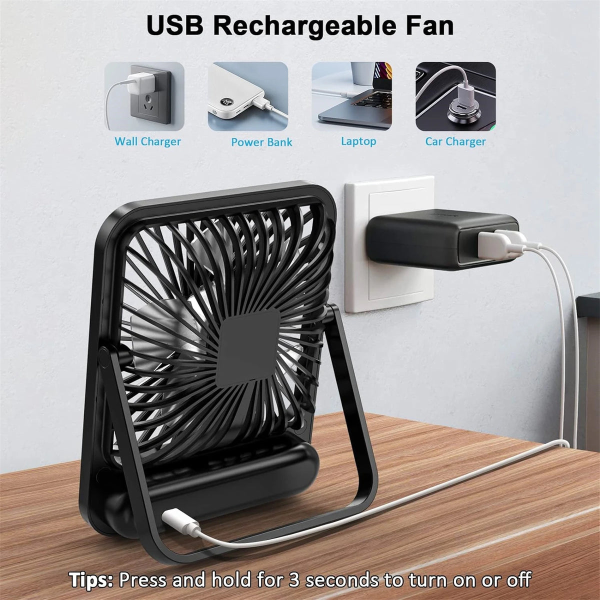 A black portable USB rechargeable fan is shown with various charging options and a power cord.